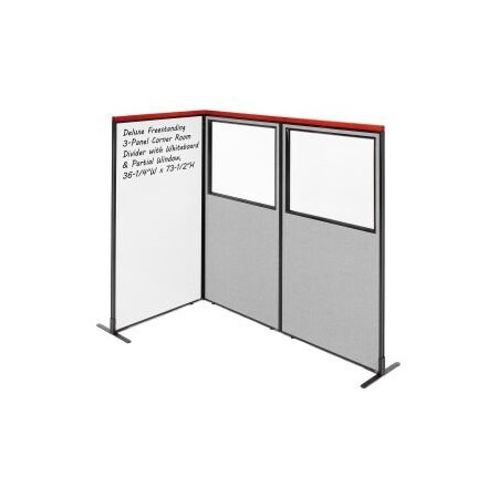 Global Equipment Interion    Deluxe Freestanding 3-Panel Corner w/Whiteboard   Partial Window 36-1/4Wx73-1/2H Gray 695188GY